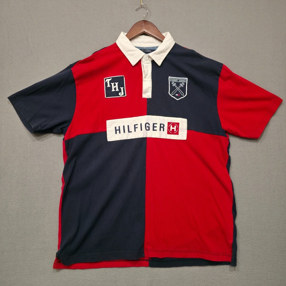 Vintage Tommy Jeans Men's Colorblock Short Sleeve Rugby Shirt Size Large